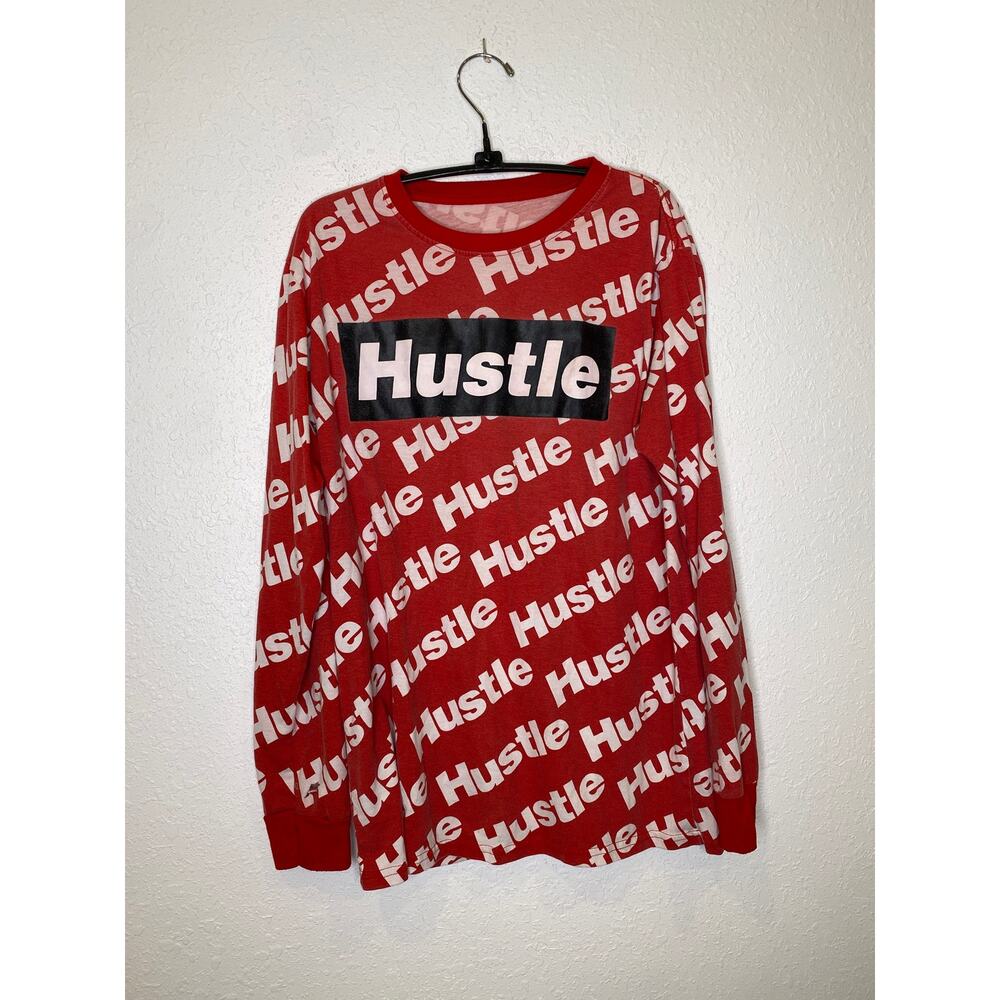Launder Bailey Apparel Red White Hustle Long Sleeve T-Shirt Graphic Print Sz M